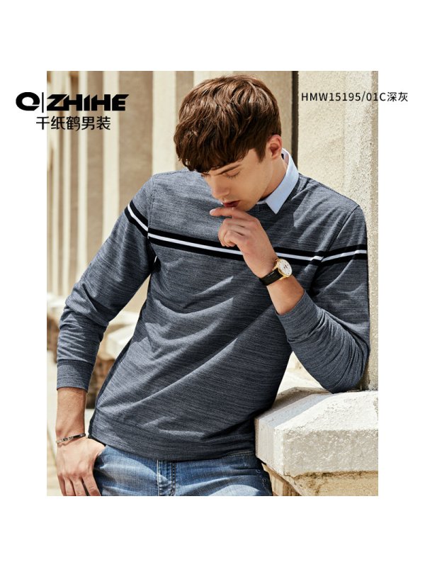 千纸鹤男装2019新款秋冬条纹休闲卫衣青年潮流假二件上衣男15195