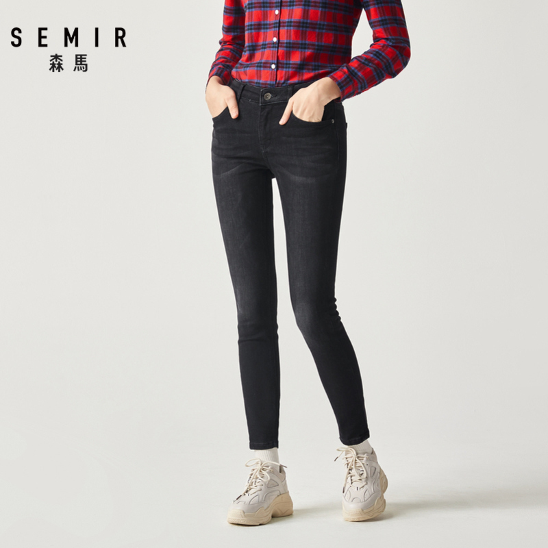 Semir森马2019冬季新款牛仔长裤女修身显瘦小脚裤网红ins潮流保暖裤子