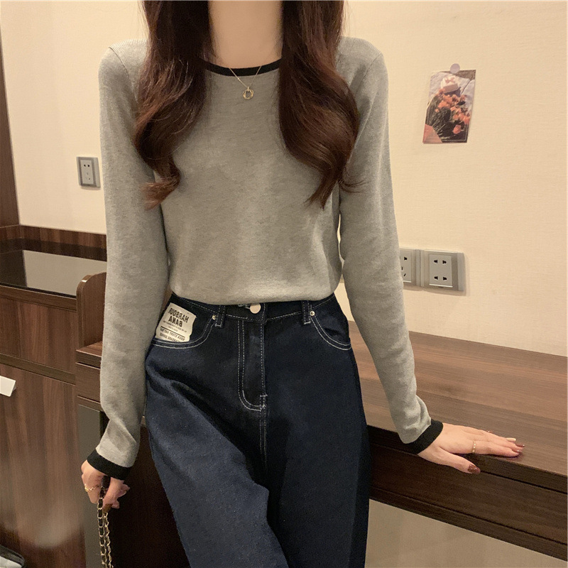 间色打底T恤女秋季新款长袖小众设计感修身圆领短款薄款上衣