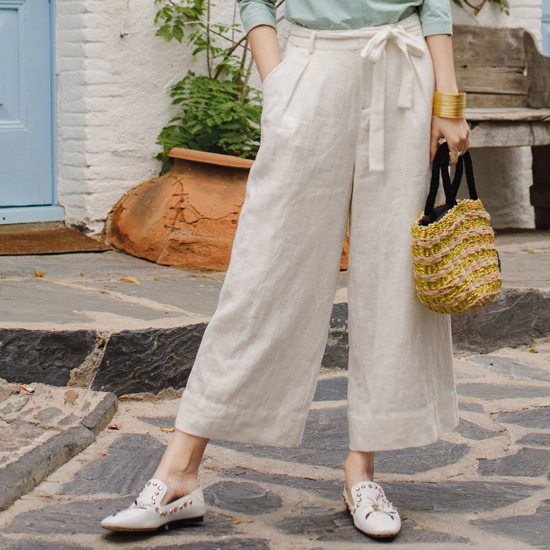 茵曼春新款白色系带苎麻阔腿裤女宽松休闲棉麻长裤显瘦百搭