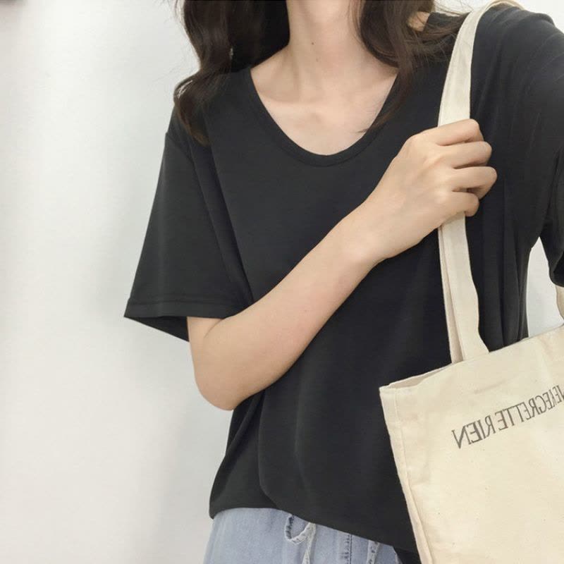 夏季韩版新款短袖T恤女纯色V领打底衫学生上衣服韩国女装图片