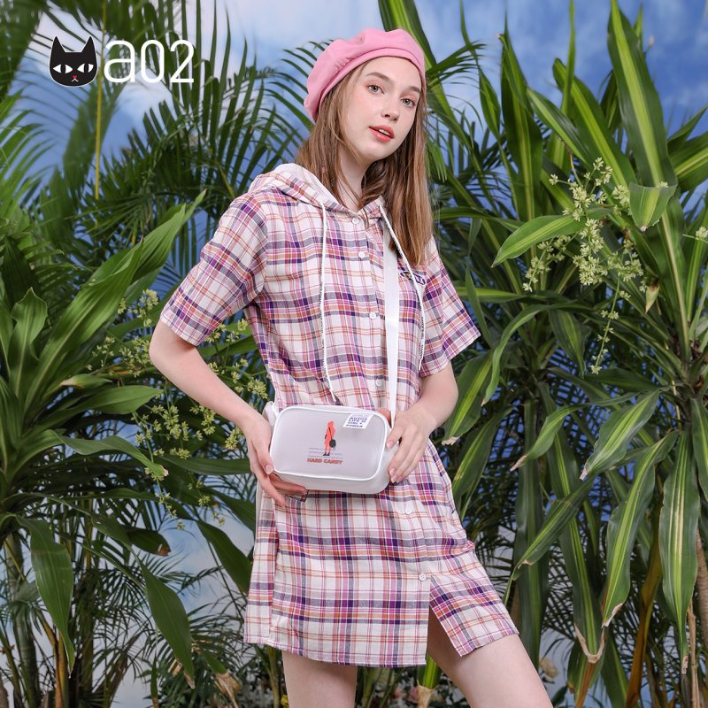 a02新款2020时尚连帽宽松短袖格子衬衫裙连衣裙女DTV2D0531DR