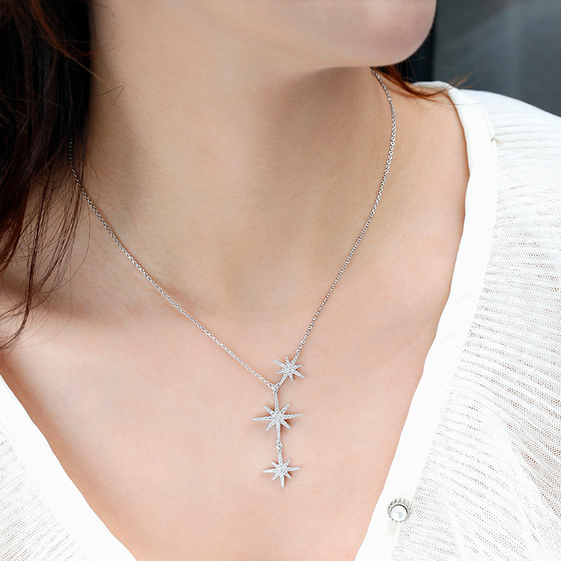 apmmonaco银镶晶钻轻奢双流星项链女六芒星锁骨链吊坠银颈链简约女士