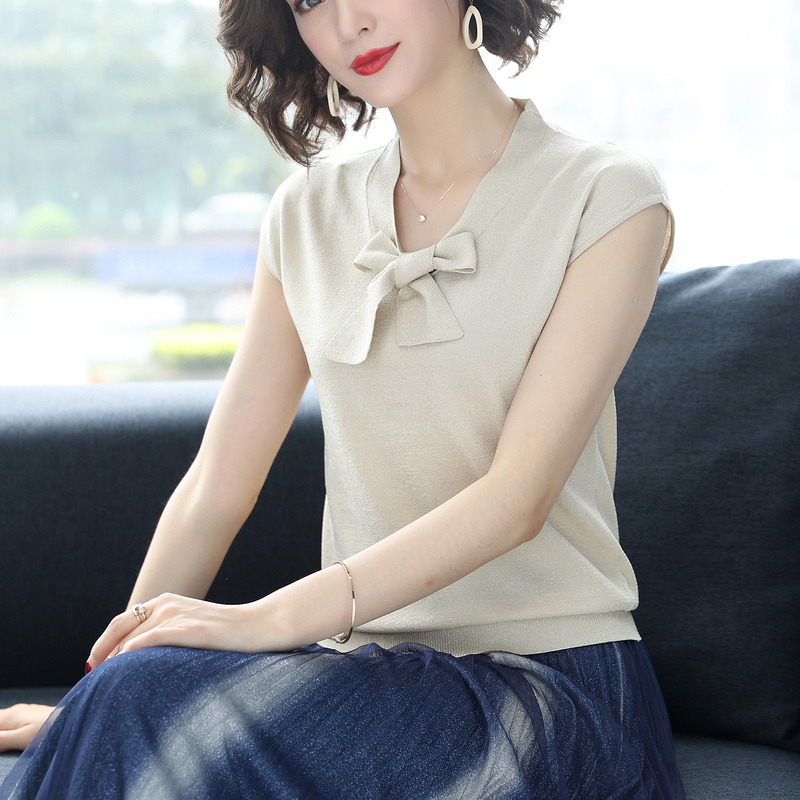 恒源祥2019新款夏季冰丝针织衫短袖T恤女V领口飘带闪亮丝薄款上衣