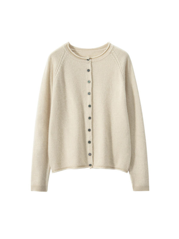 圆领羊绒衫秋冬新款女士卷边针织开衫韩系风宽松显瘦保暖外套