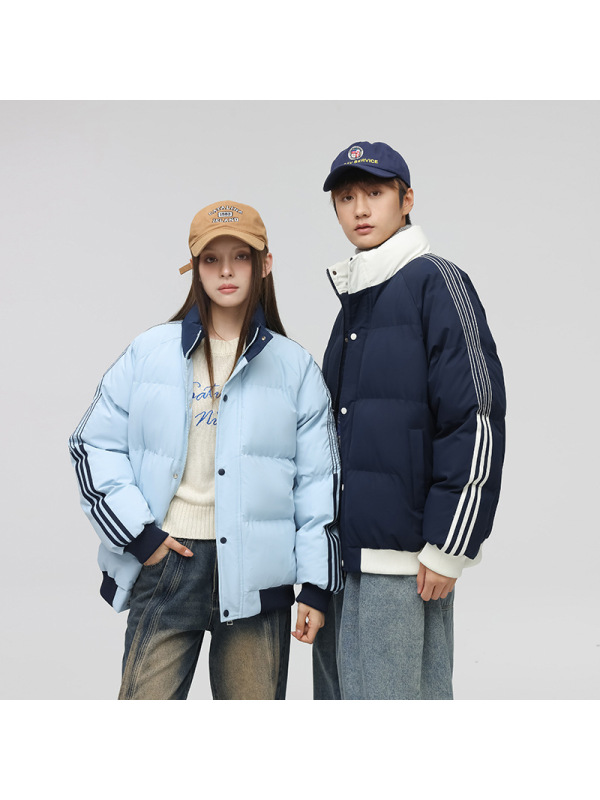 男装情侣棉服三条杠棉衣男女同款冬季新款加厚保暖立领防风棉外套