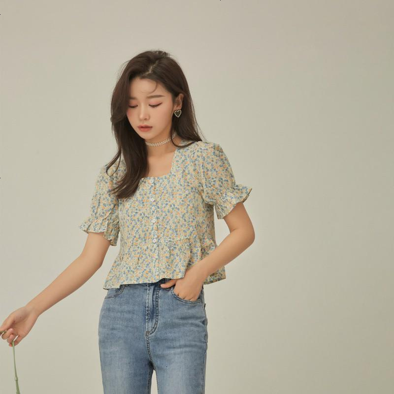 OtherMix泡泡袖碎花雪纺衫2021年夏季新款拼接荷叶边女式开衫上衣