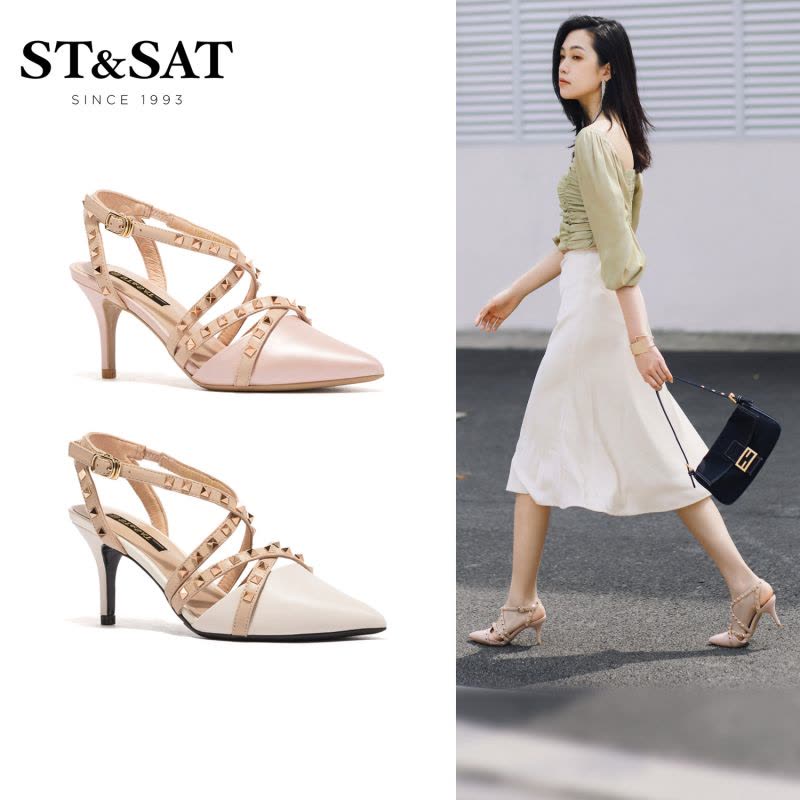 星期六(ST&SAT)新款一字式扣带细高跟中后空女凉鞋SS01114532图片