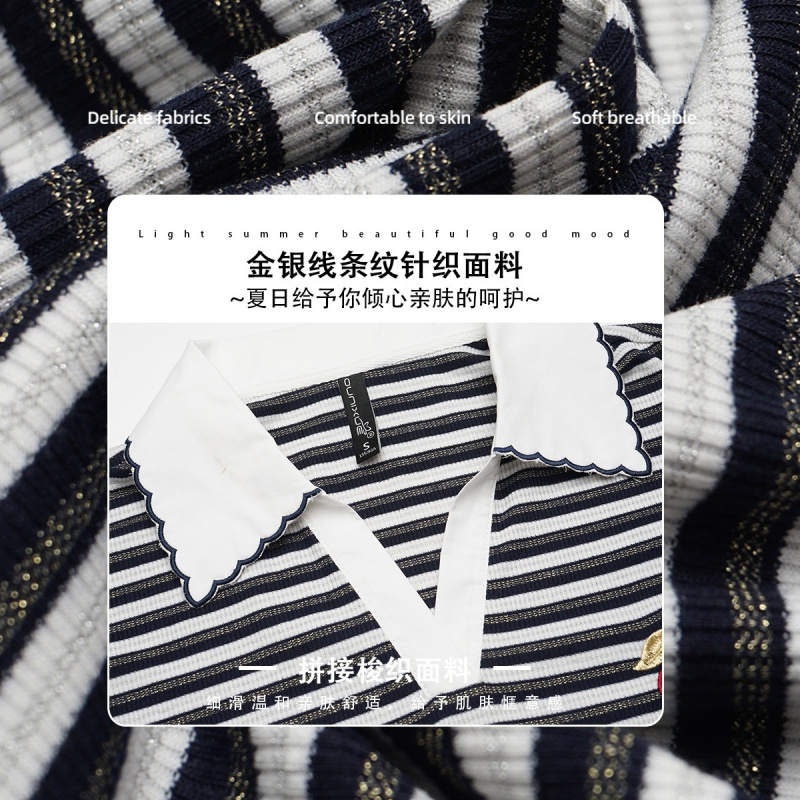 OUNIXUE欧昵雪 | [复古条纹Polo衫]夏季减龄风半开翻领绣花设计感短袖女