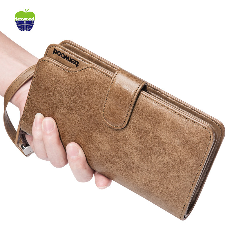 texwood钱包男长款真皮多功能钱夹男士手拿包牛皮拉链青年皮夹子