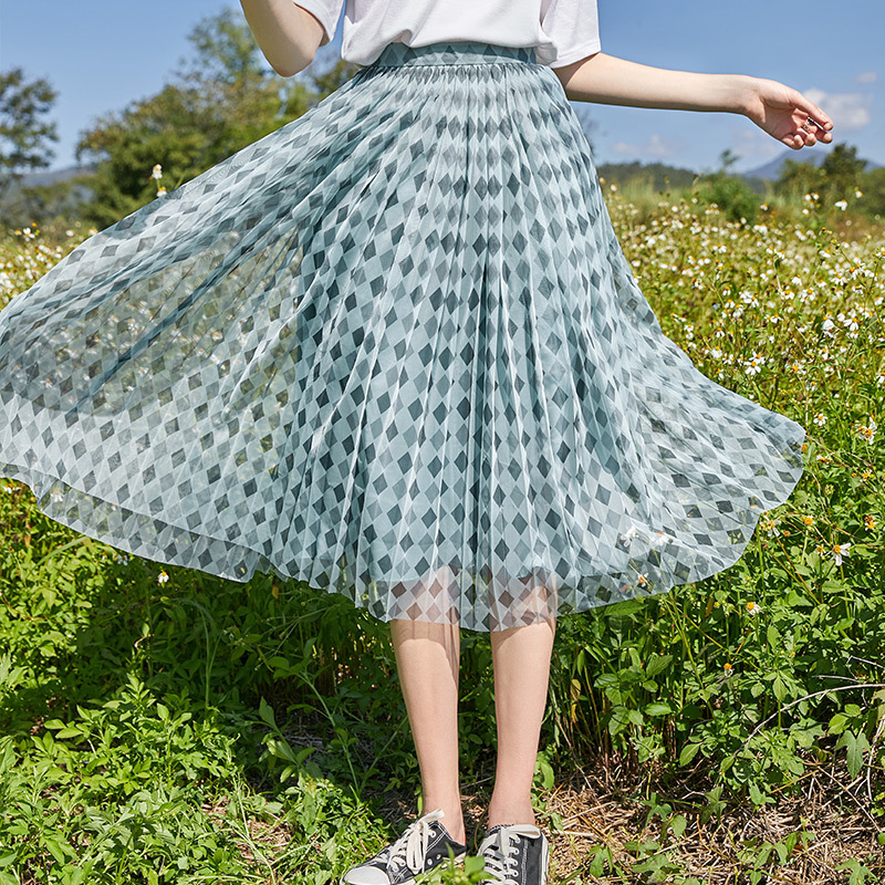 菱形格纹薄纱半身裙高腰纱裙半身裙