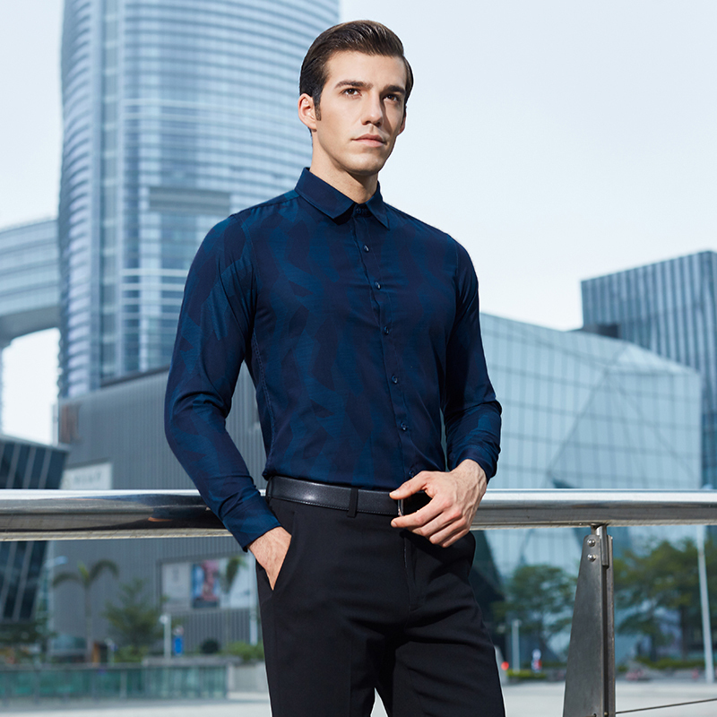 才子男装长袖衬衫男秋季新品时尚几何印花拼接舒适百搭商务休闲长袖