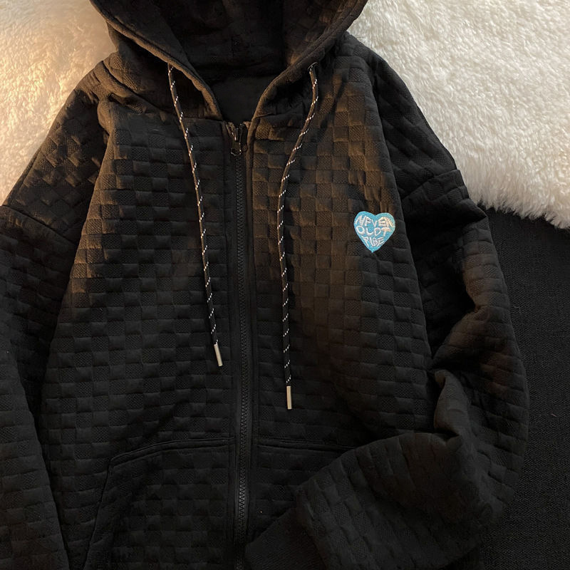 华夫格外套oversize美式宽松bf慵懒风灰色卫衣连帽棒球服女春秋装