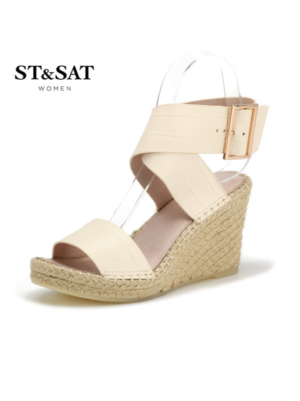 St&Sat/星期六凉鞋夏季高跟草编坡跟一字带凉鞋女鞋子SS62118169