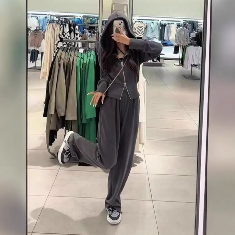 运动套装女秋季新款韩版宽松网红休闲卫衣拉链+阔腿裤两件套