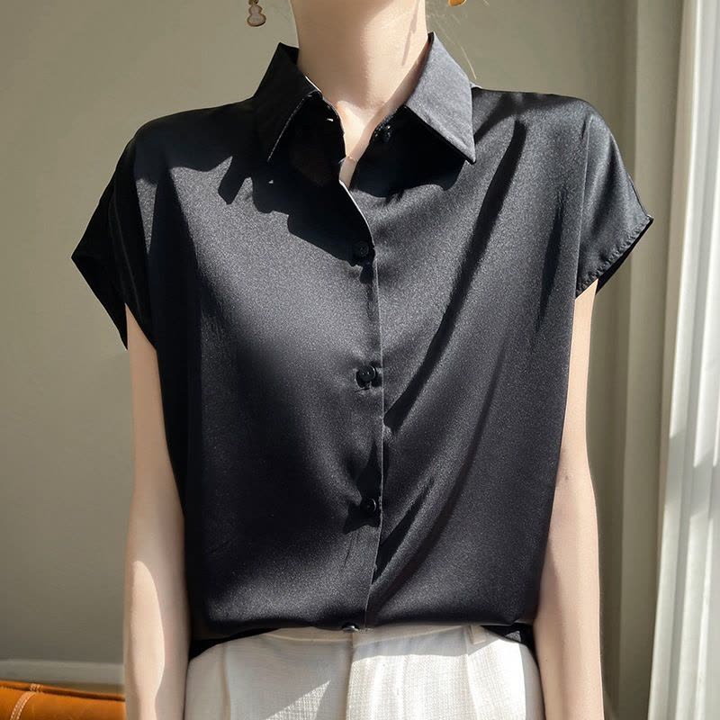 夏季仿真丝缎面衬衣短袖开衫女纯色Polo领气质上衣简约无袖衬衫女图片