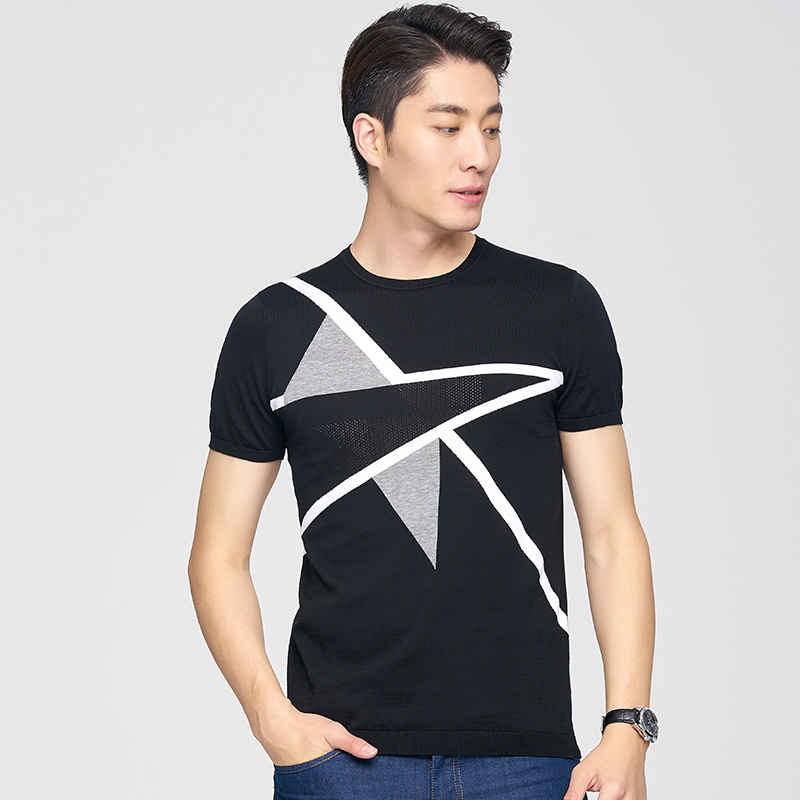 才子男装18春夏新款男士圆领几何镂空体恤衫时尚修身休闲短袖t恤