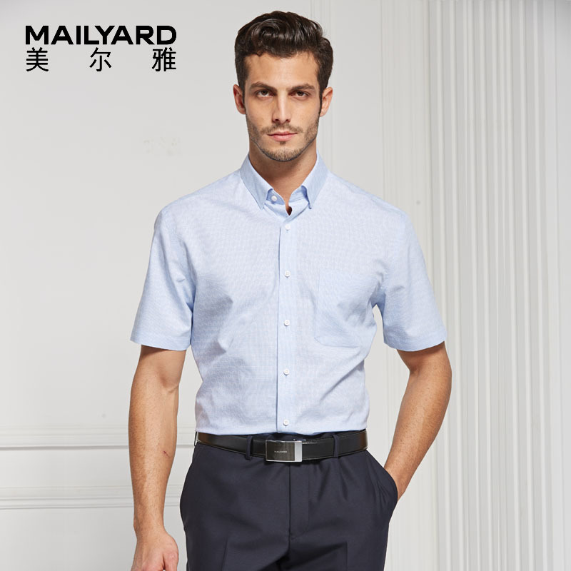 美尔雅（MAILYARD）男装短袖衬衫男 纯棉商务休闲男式衬衣 男士格纹免烫衬衣 263
