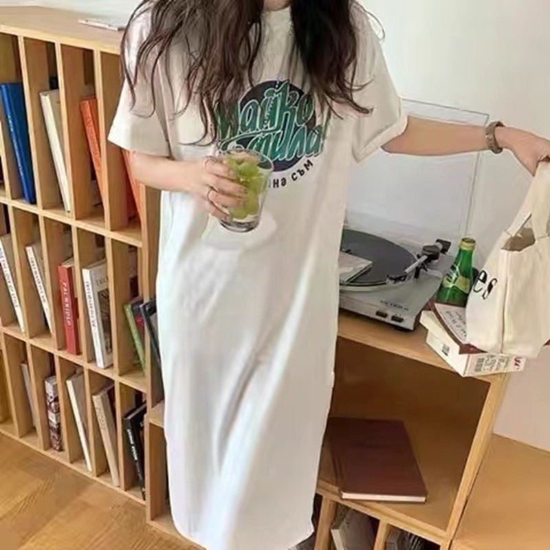 韩国大码T恤女装夏季短袖连衣裙女宽松休闲懒人裙子中长款打底衫