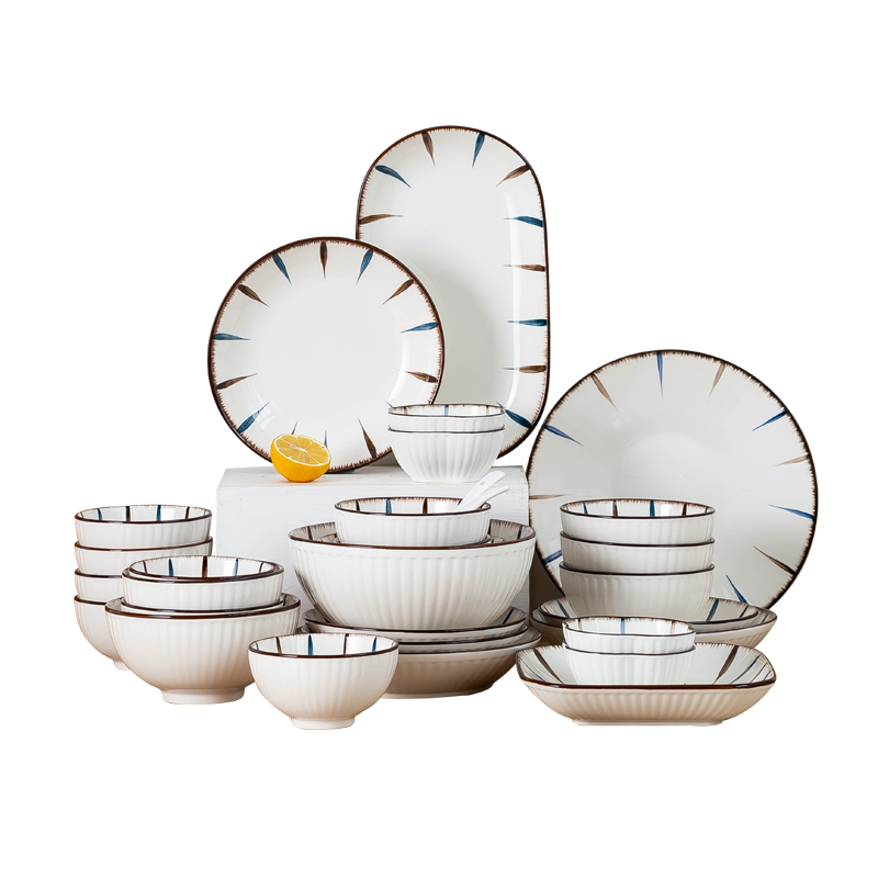 麦可可 日式蓝和碗碟套装家用38件碗盘组合陶瓷餐具套装轻奢碗盘筷