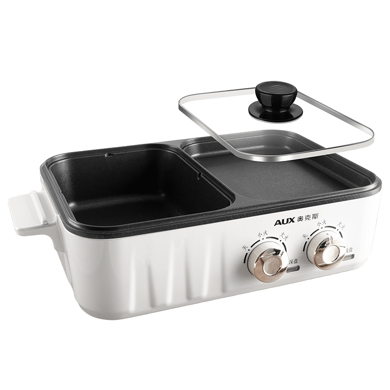 奥克斯 烤火锅多档调节 一锅多用 不沾涂层 家用多功能涮烧烤煎煮一体锅学生宿舍小电热锅电烤盘 皓月白