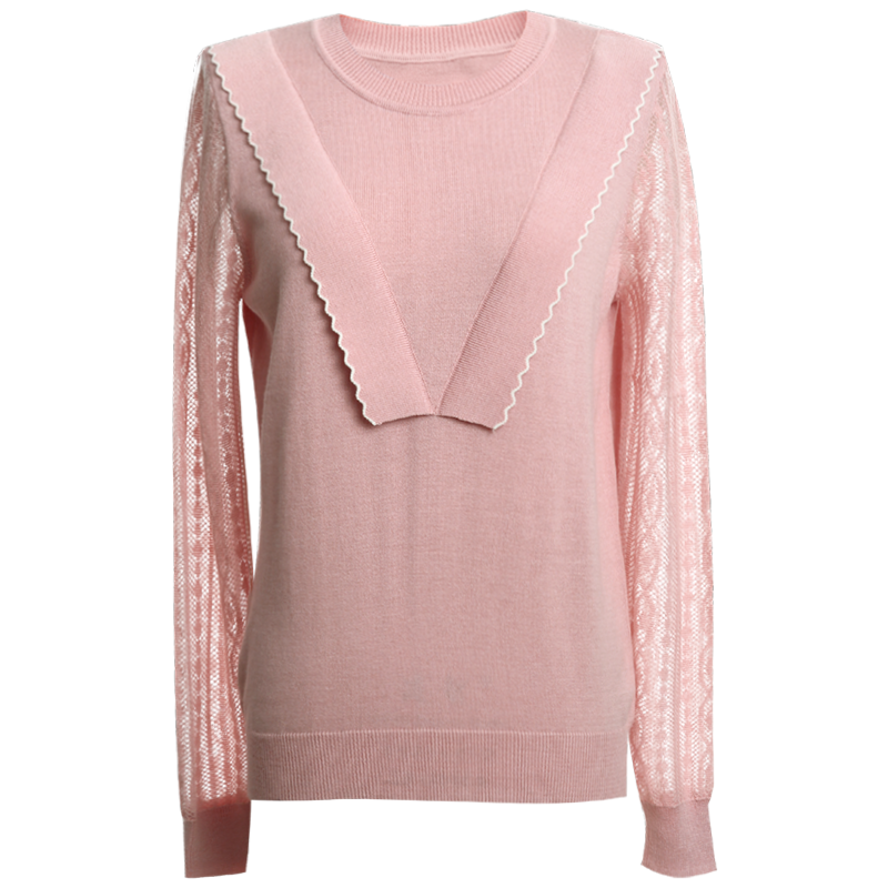OUNIXUE欧昵雪 | [镂空拼接纯色打底衫]春季简约圆领V型搭片宽松针织衫女