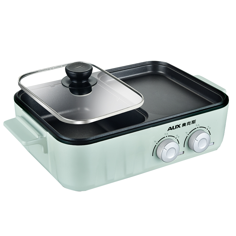 奥克斯 烤火锅多档调节 一锅多用 不沾涂层 家用多功能涮烧烤煎煮一体锅学生宿舍小电热锅电烤盘 薄荷绿