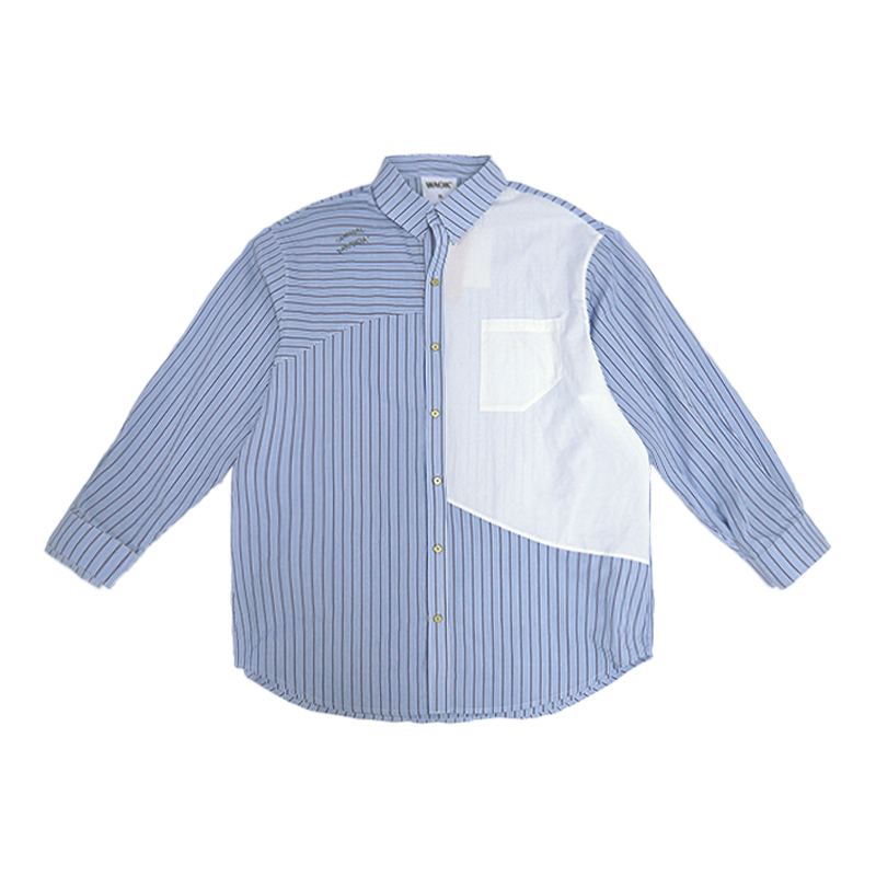 WAOK 春节新品水波 蓝白条纹拼接口袋衬衫男长袖休闲设计感衬衫