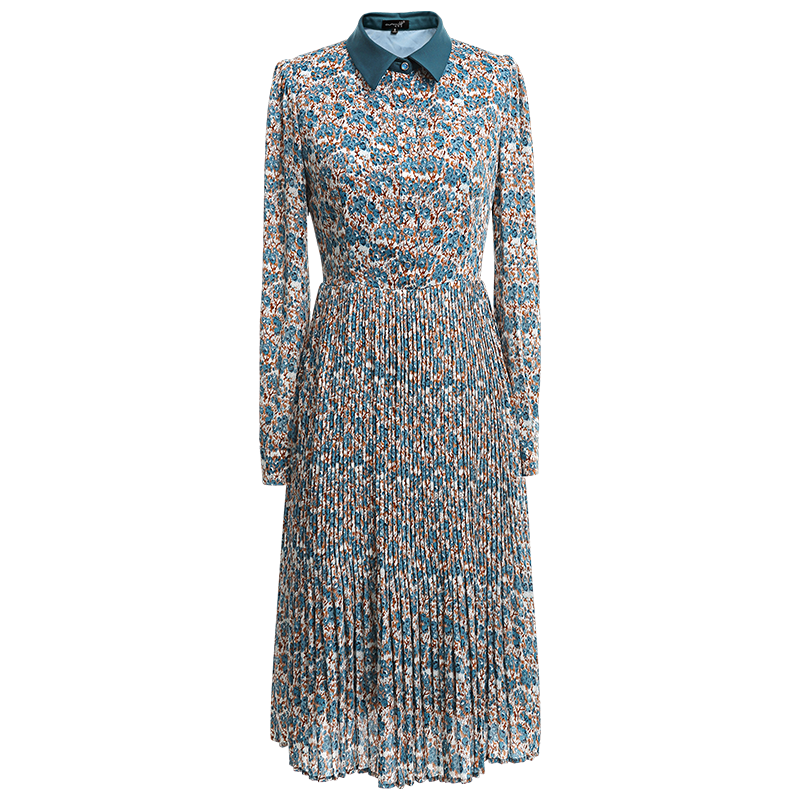 OUNIXUE欧昵雪 | [油画感印花百褶裙]春季复古翻领镶珠金属扣收腰连衣裙女