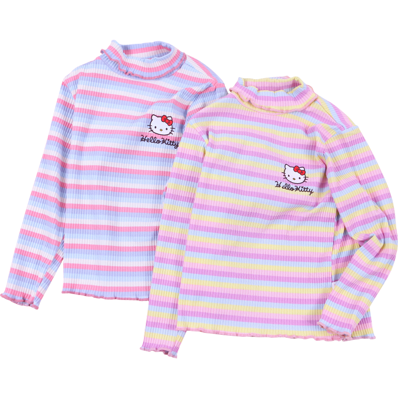 HelloKitty女童打底衫长袖儿童春秋纯棉保暖宝宝套头翻领条纹高领T恤