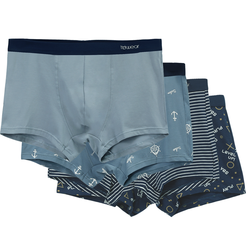 红豆居家男士纯棉抑菌印花平角裤组合装(4条装)