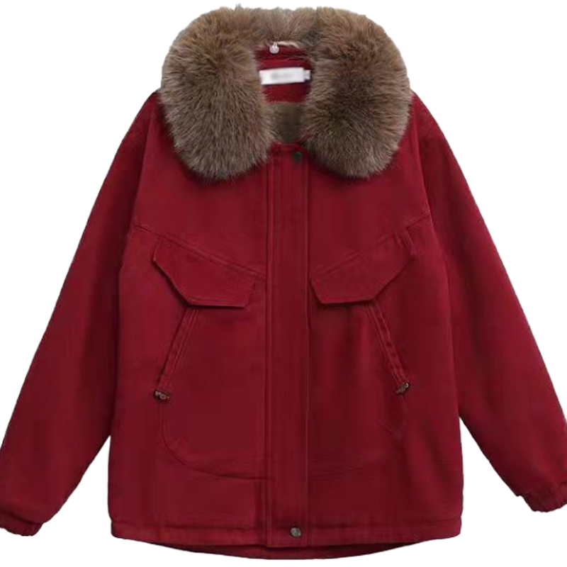小样传奇红色加绒保暖派克服女网红2021冬季款流行加厚棉衣外套女