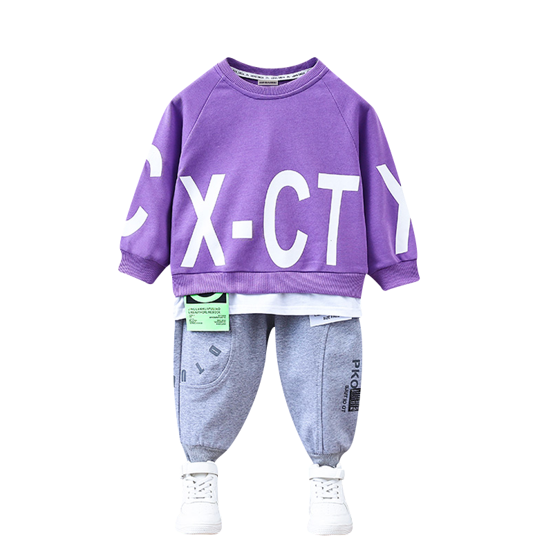 安娜与艾伦男童套装2022春秋季新款潮洋气男孩假两件卫衣儿童套装