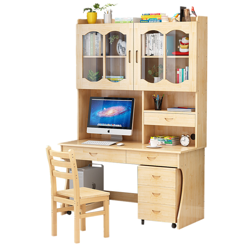 [每满300减40]实木书桌电脑桌书柜书架一体组合 儿童写字桌学生学习桌多层电脑台桌子台式家用 木色木质简约现代巧妈邦