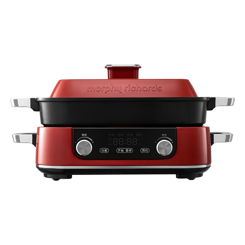 摩飞多功能锅二代分体电火锅家用烤肉涮煎蒸煮电热锅大容量升级触屏预约调时网红料理锅MR9099红色标配+六圆盘
