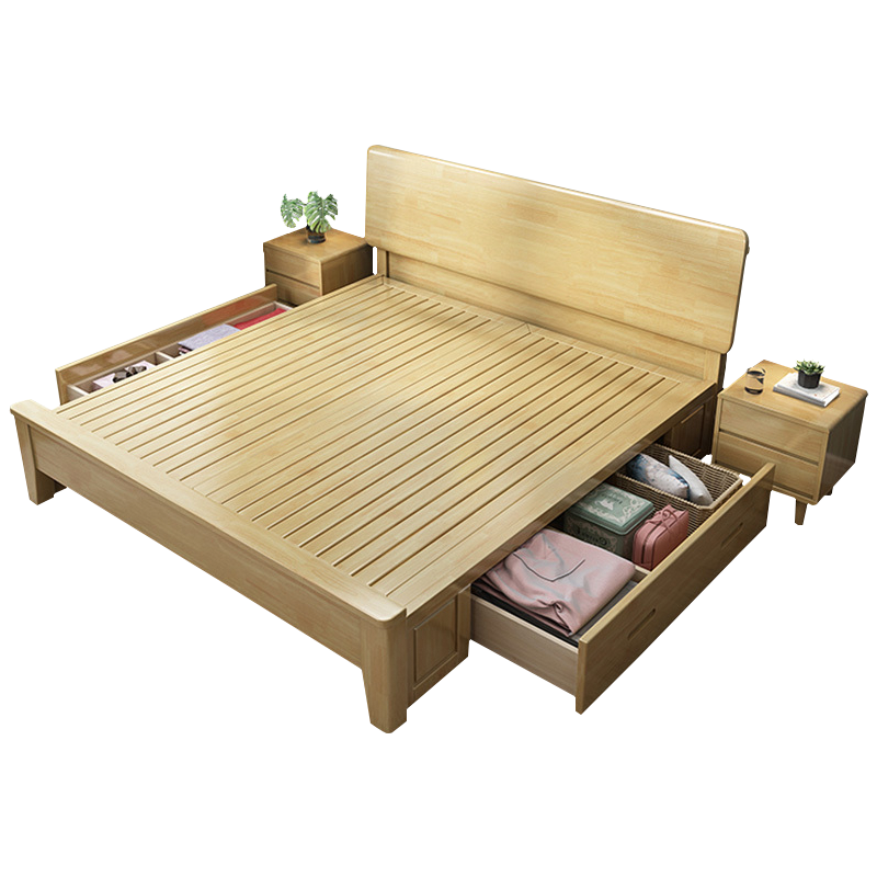 质凡北欧实木床现代简约民宿中式卧室床橡胶木箱框抽屉床