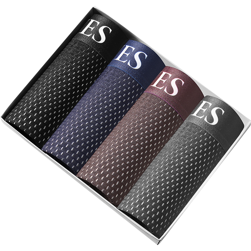 七匹狼男士顺滑明筋内裤净色网眼透气性感抗菌平角裤4条装