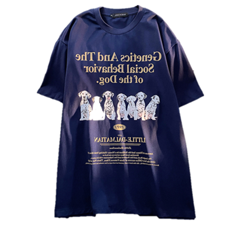 美式复古ins风小狗印花短袖t恤女2022夏季宽松圆领百搭复古上衣潮