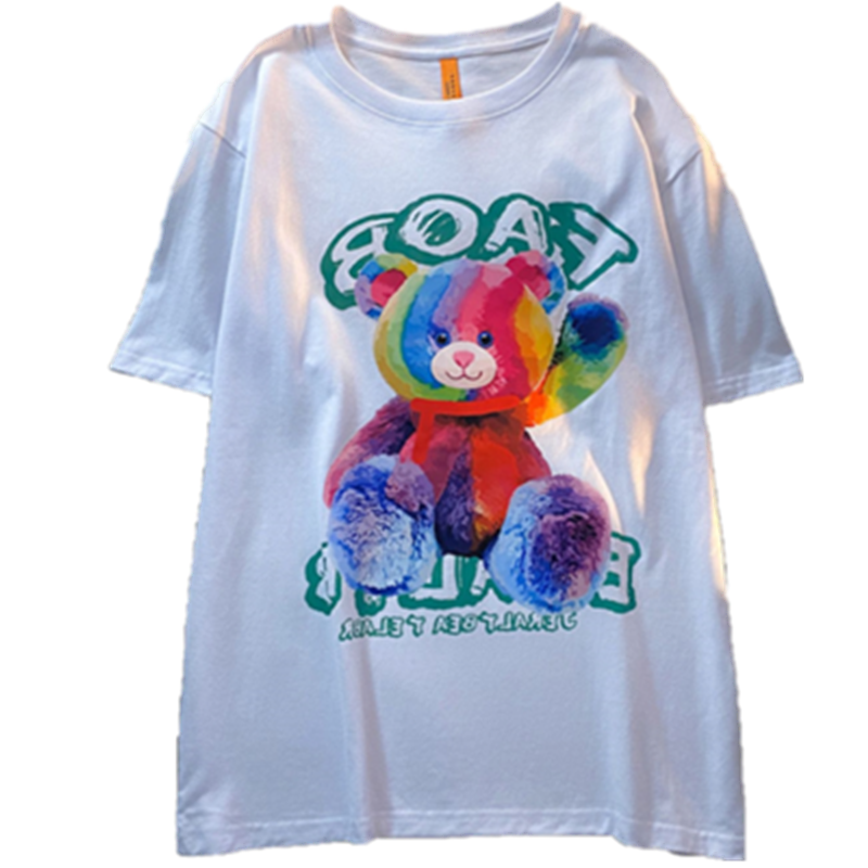 美式国潮牌涂鸦小熊印花短袖T恤女2022夏季宽松慵懒风显瘦上衣潮