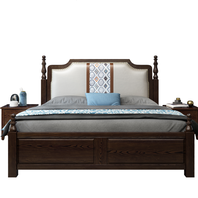 梵宜 床 白蜡木实木床 美式1.5m1.8米床软皮靠背双人婚床皮床高箱储物卧室精品家具216#