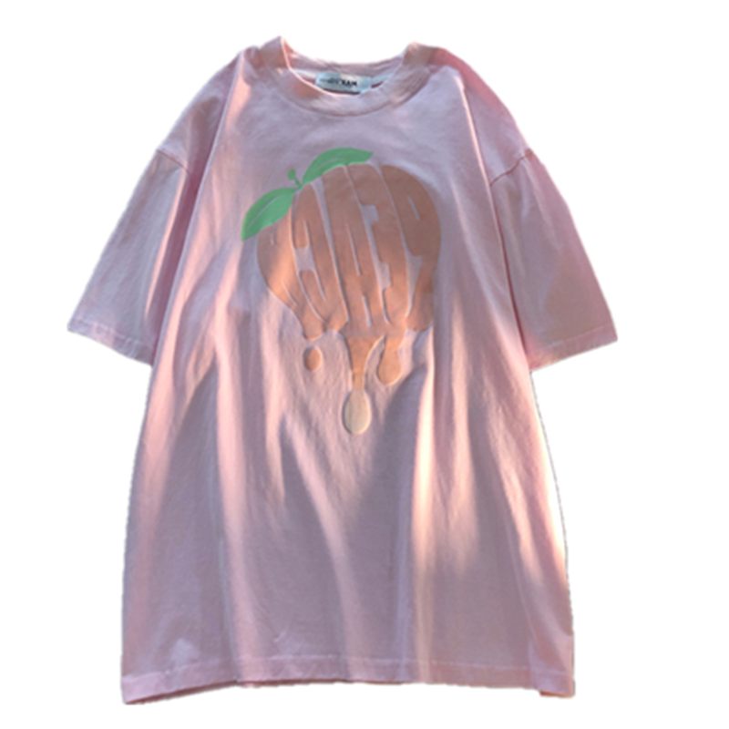 秋壳甜酷设计感ins风草莓发泡字母印花短袖T恤女2022新款圆领上衣