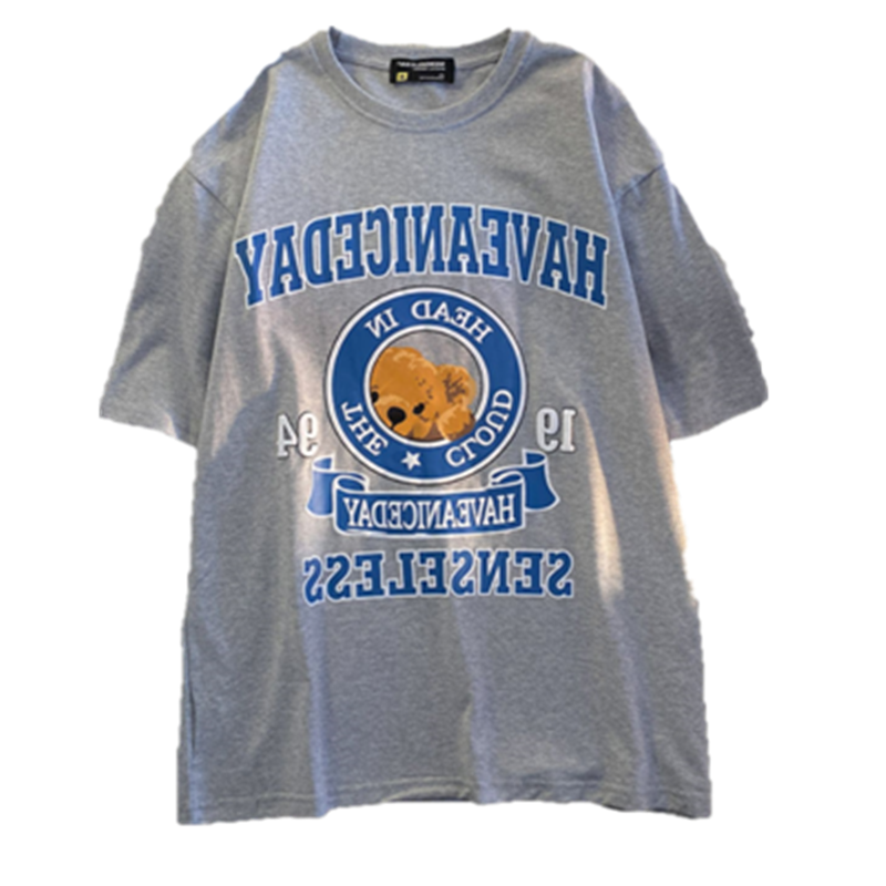 秋壳日系复古趣味发泡小熊印花短袖T恤女2022小众慵懒圆领上衣潮