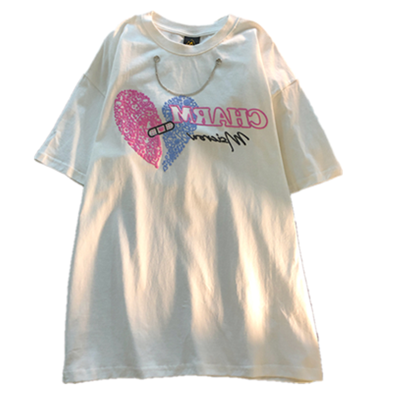 秋壳日系甜酷ins卡通爱心发泡印花短袖T恤女小众设计感圆领上衣潮