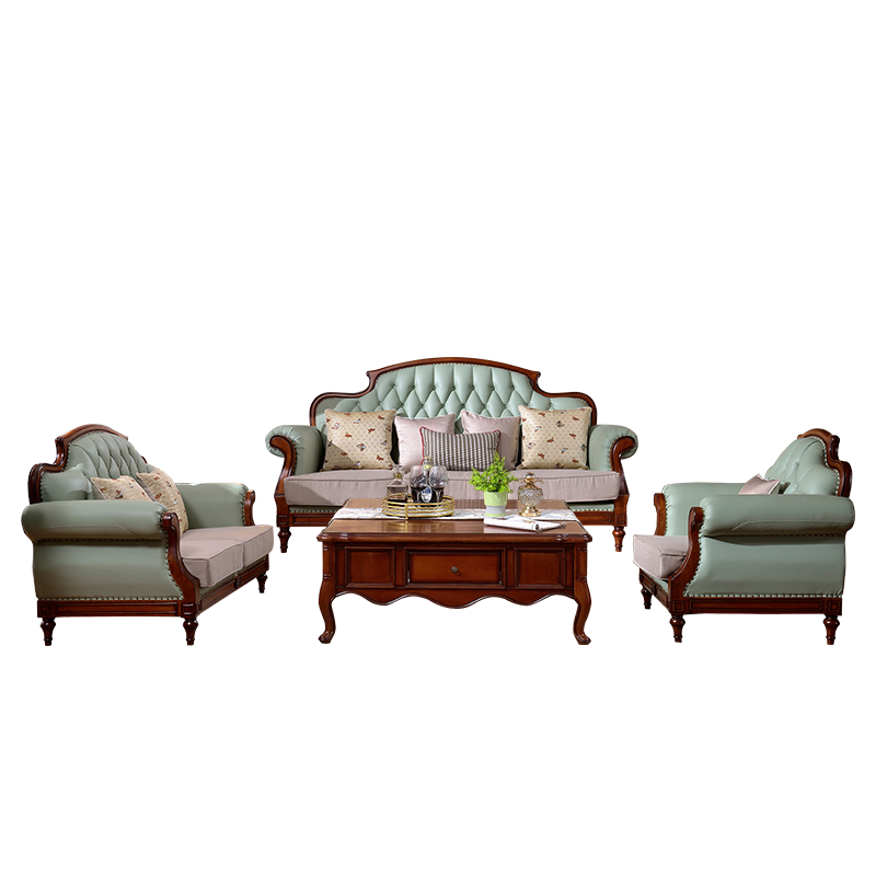 梵宜 沙发 实木沙发 美式沙发桃花芯木大小户型皮沙发123组合简约沙发客厅精品家具H01#