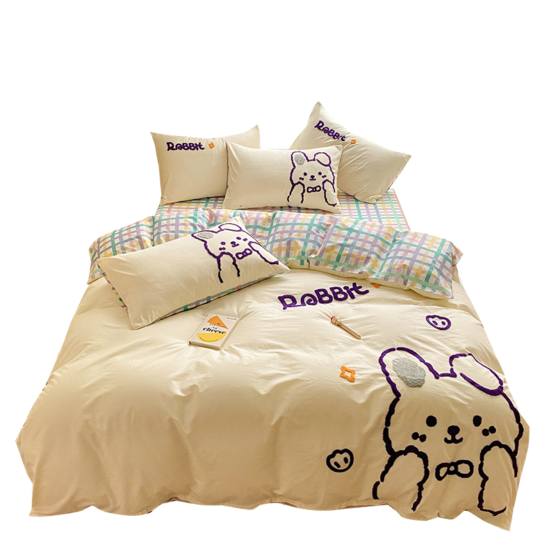 曼凝家纺 全棉卡通小清新毛巾绣花双人四件套纯棉纯色大版花定位AB版被套200*230cm1.5/1.8床套件