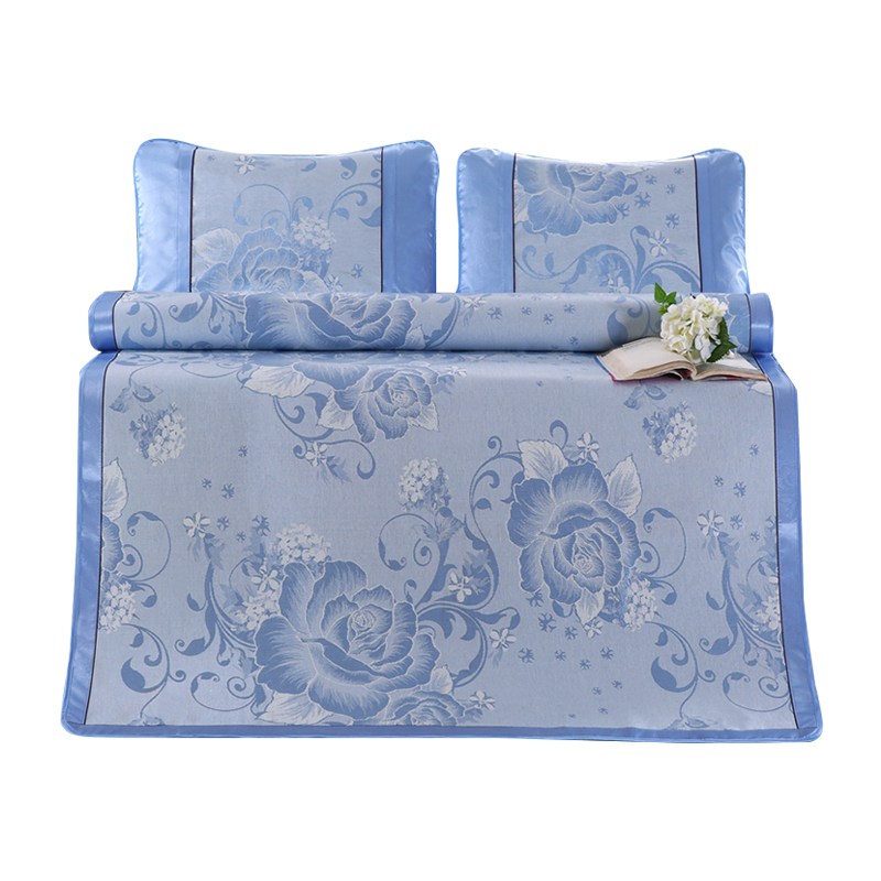 约克罗兰YEKEROLAN 冰丝席子套件 中式提花冰丝凉席三件套 夏季可折叠收纳席子枕套