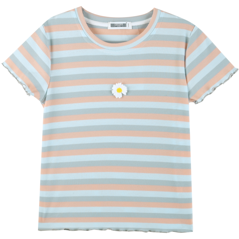 [8折价:39.2元]铅笔俱乐部童装夏季新款女童短袖t恤中大童条纹圆领女孩上衣