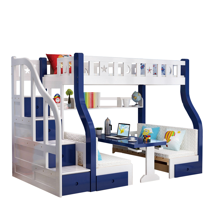 禧漫屋 上下床地中海儿童床彩色双层床高低床子母床实木上下铺上床下桌 学习桌床 双层彩漆床