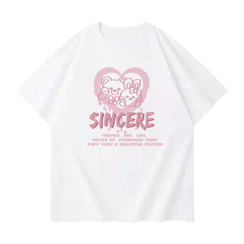 秋壳100%纯棉复古美式甜系可爱风短袖T恤女新款洋气印花上衣ins潮