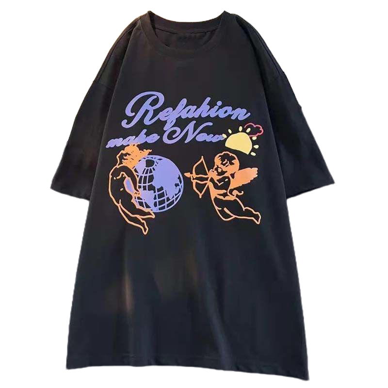 秋壳100%纯棉欧美潮牌天使短袖t恤男女ins原宿风chic半袖情侣上衣